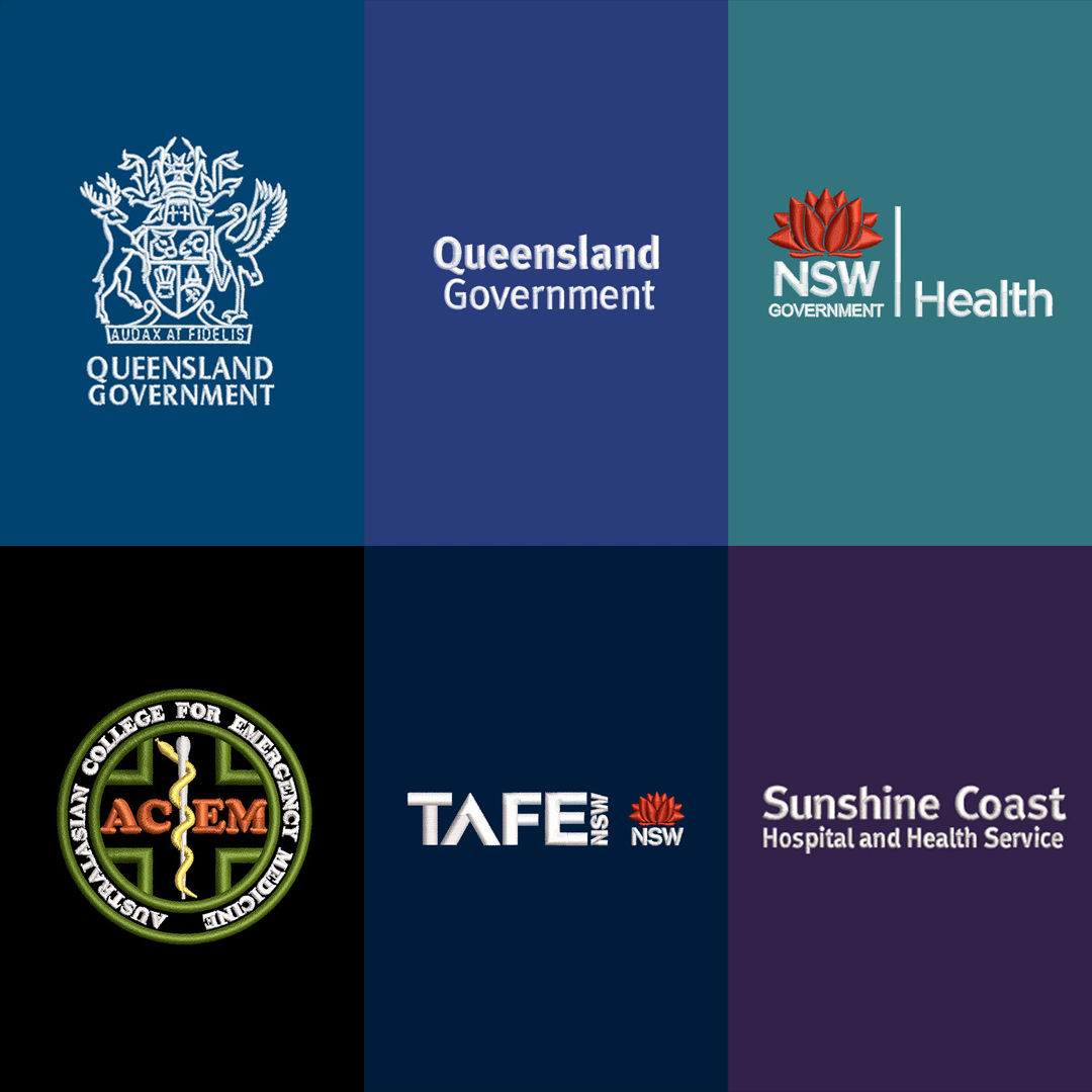 Stock logos — Queensland Government, NSW Health, ACEM, TAFE NSW, Sunshine Coast Hospital and Health Service and more